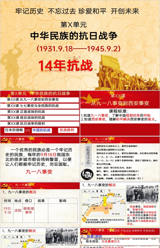 黄色简约缅怀先烈勿忘国耻从九一八到西安事变主题教育PPT模板